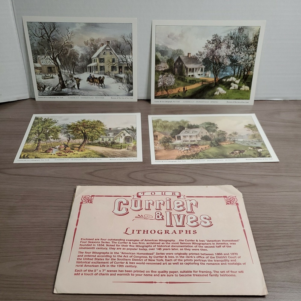 Four Currier & Ives 5 x 7 Lithographs, "American Homestead", Four Seasons Series